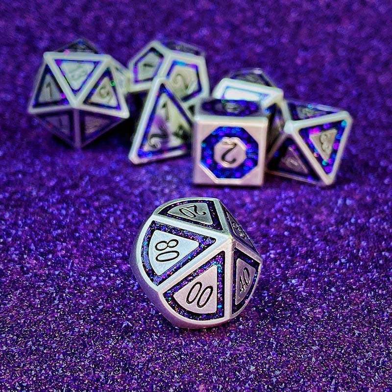 Sage's Wonders - Pearl Silver Purple Glitter Inlay Metal Polyhedral Dice Set - Sage's PortalMetal Dice Set