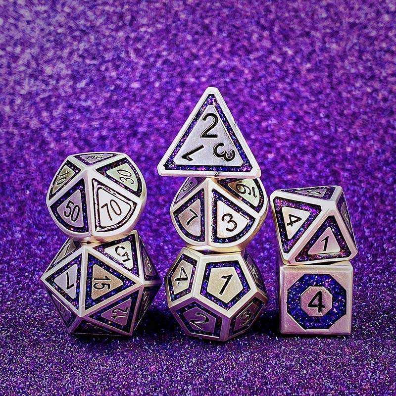 Sage's Wonders - Pearl Silver Purple Glitter Inlay Metal Polyhedral Dice Set - Sage's PortalMetal Dice Set
