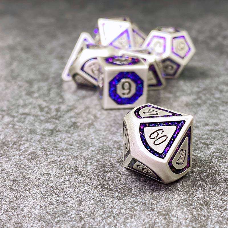 Sage's Wonders - Pearl Silver Purple Glitter Inlay Metal Polyhedral Dice Set - Sage's PortalMetal Dice Set