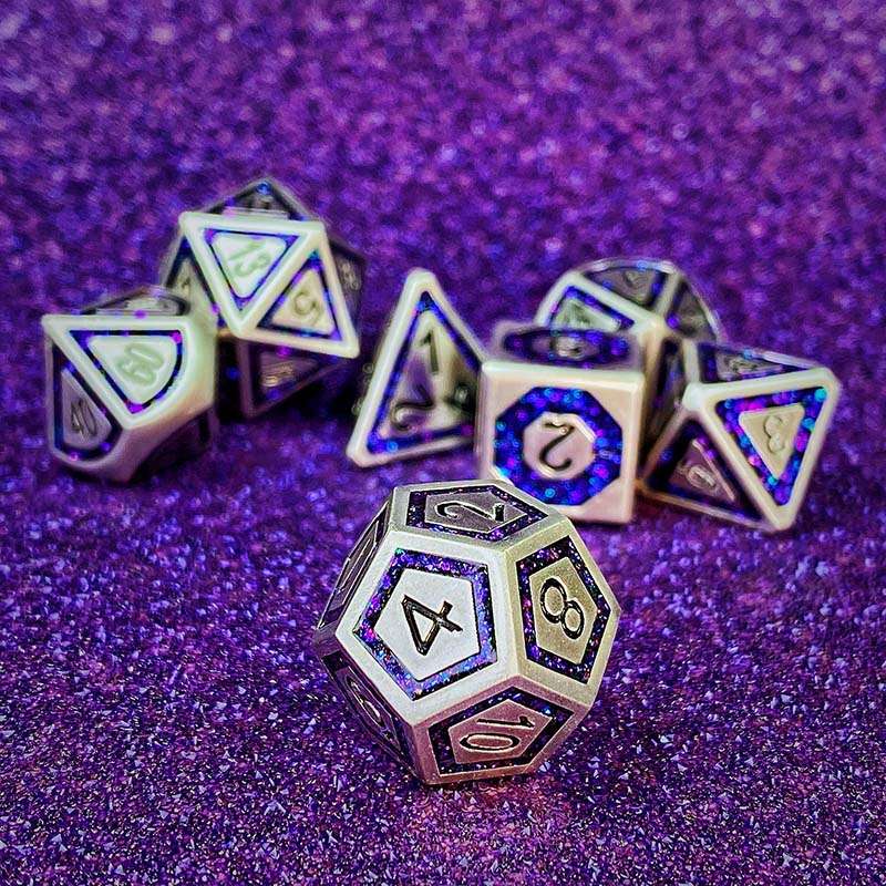Sage's Wonders - Pearl Silver Purple Glitter Inlay Metal Polyhedral Dice Set - Sage's PortalMetal Dice Set