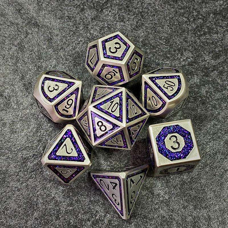 Sage's Wonders - Pearl Silver Purple Glitter Inlay Metal Polyhedral Dice Set - Sage's PortalMetal Dice Set