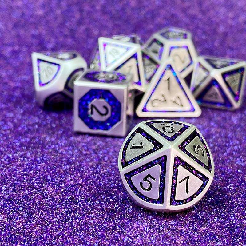 Sage's Wonders - Pearl Silver Purple Glitter Inlay Metal Polyhedral Dice Set - Sage's PortalMetal Dice Set