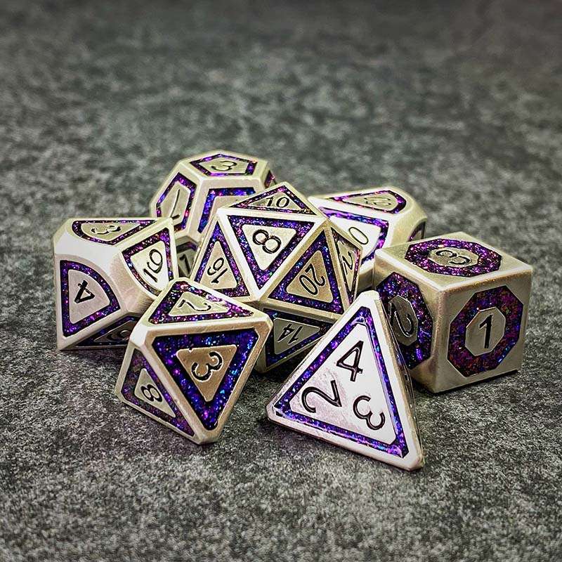 Sage's Wonders - Pearl Silver Purple Glitter Inlay Metal Polyhedral Dice Set - Sage's PortalMetal Dice Set