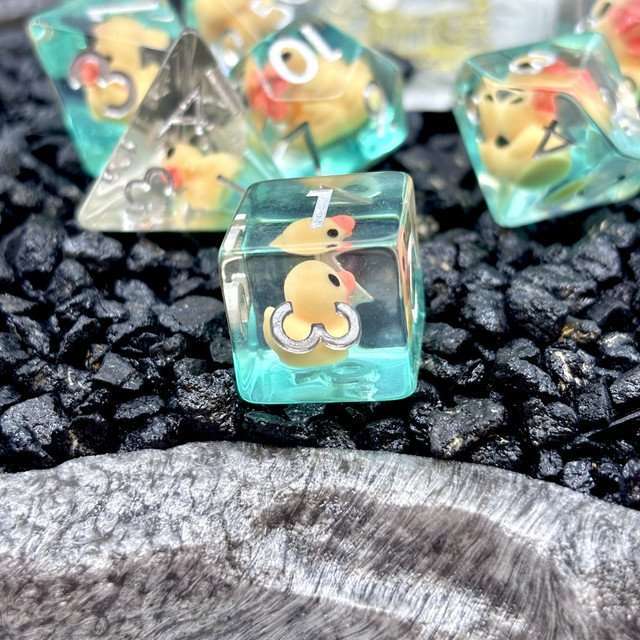 Sage's Yellow Duck Familiar Resin Polyhedral Dice Set - Sage's PortalResin Dice Set