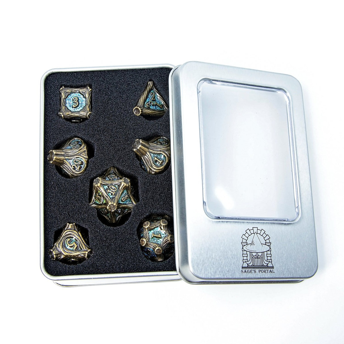 Tree Branch Metal DND Dice Set | Sage’s Petrified Groves Brinewood | Antique Gold & Aqua Themed Druid Dice - Sage's PortalMetal Dice Set
