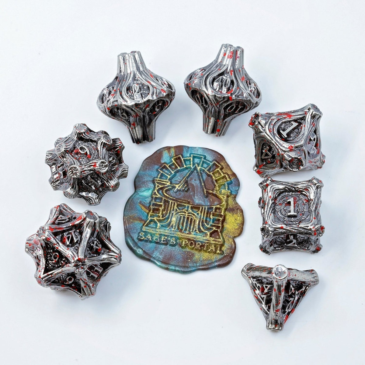 Tree Branch Metal DND Dice Set | Sage’s Petrified Groves Corpsewood | Nickel & Blood Splatter Wood Themed Druid Dice - Sage's PortalMetal Dice Set