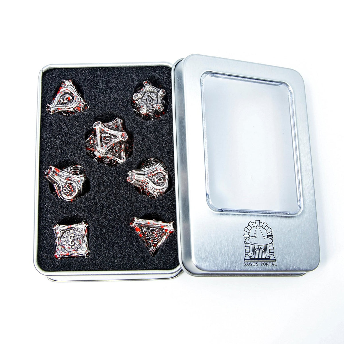 Tree Branch Metal DND Dice Set | Sage’s Petrified Groves Corpsewood | Nickel & Blood Splatter Wood Themed Druid Dice - Sage's PortalMetal Dice Set