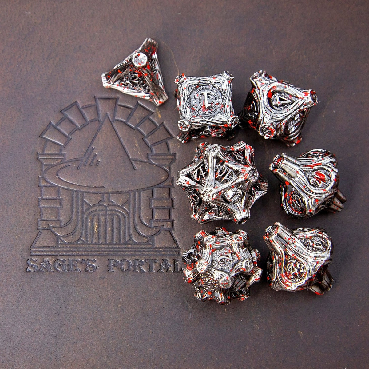 Tree Branch Metal DND Dice Set | Sage’s Petrified Groves Corpsewood | Nickel & Blood Splatter Wood Themed Druid Dice - Sage's PortalMetal Dice Set