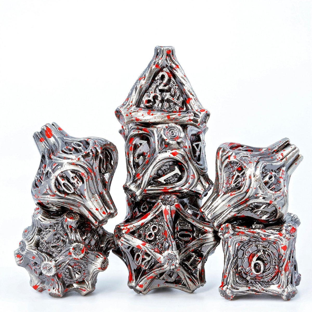 Tree Branch Metal DND Dice Set | Sage’s Petrified Groves Corpsewood | Nickel & Blood Splatter Wood Themed Druid Dice - Sage's PortalMetal Dice Set
