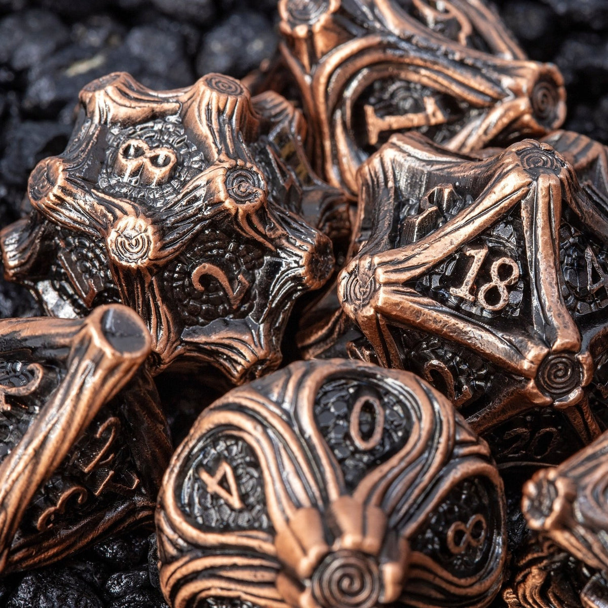 Tree Branch Metal DND Dice Set | Sage’s Petrified Groves Elderwood | Antique Copper Wood Themed Druid Dice - Sage's PortalMetal Dice Set