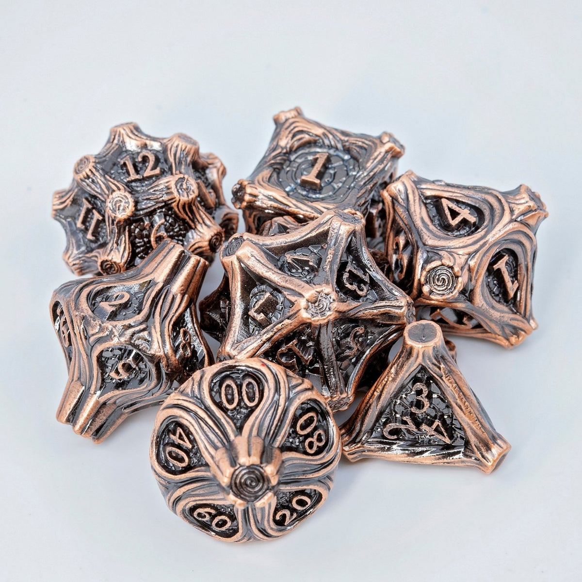 Tree Branch Metal DND Dice Set | Sage’s Petrified Groves Elderwood | Antique Copper Wood Themed Druid Dice - Sage's PortalMetal Dice Set