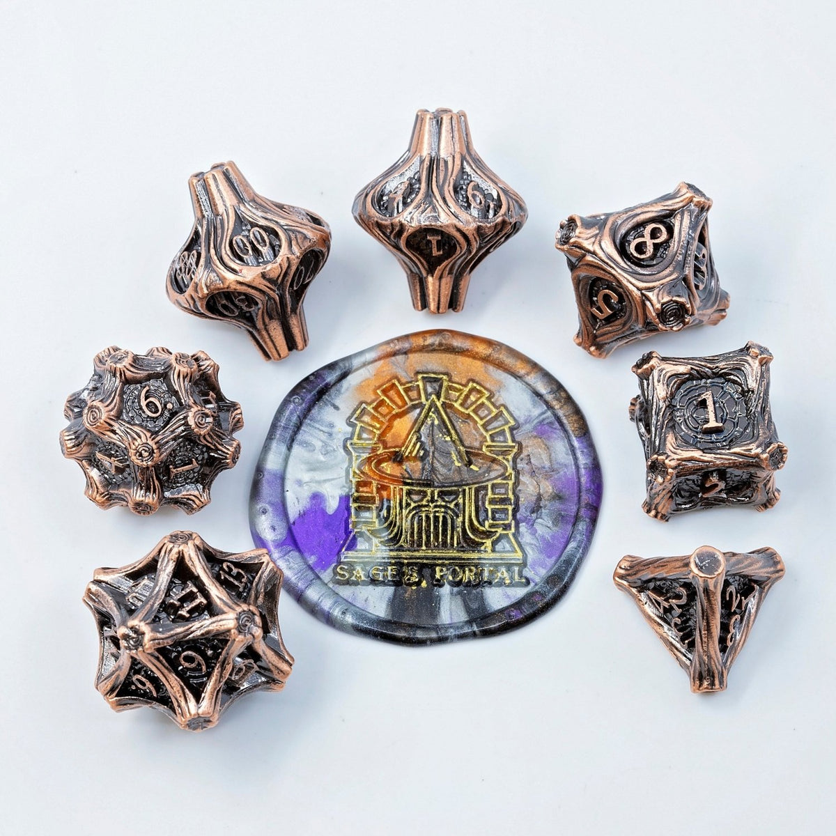 Tree Branch Metal DND Dice Set | Sage’s Petrified Groves Elderwood | Antique Copper Wood Themed Druid Dice - Sage's PortalMetal Dice Set