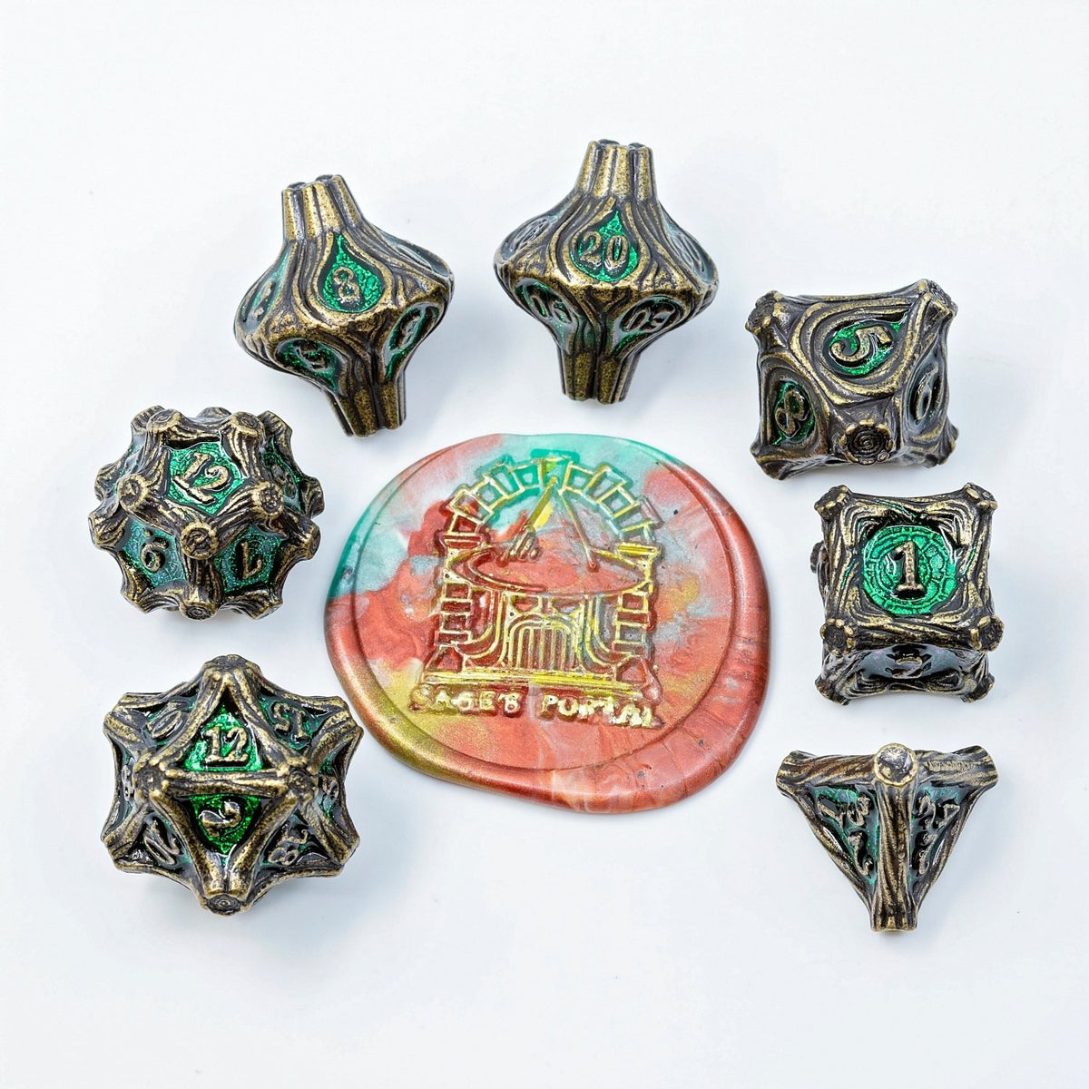 Tree Branch Metal DND Dice Set | Sage’s Petrified Groves Verdantwood | Antique Bronze & Green Themed Druid Dice - Sage's PortalMetal Dice Set