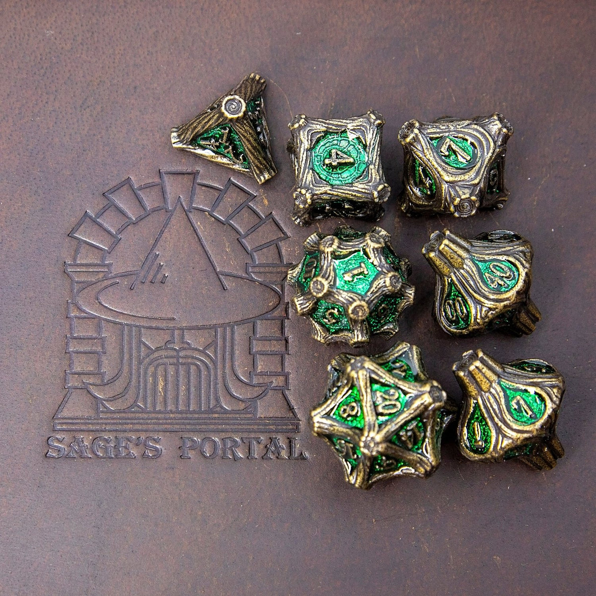 Tree Branch Metal DND Dice Set | Sage’s Petrified Groves Verdantwood | Antique Bronze & Green Themed Druid Dice - Sage's PortalMetal Dice Set