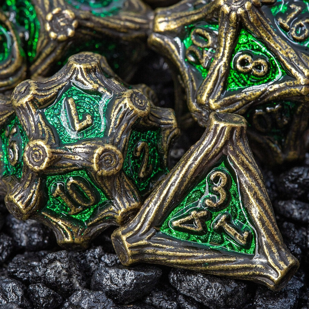Tree Branch Metal DND Dice Set | Sage’s Petrified Groves Verdantwood | Antique Bronze & Green Themed Druid Dice - Sage's PortalMetal Dice Set