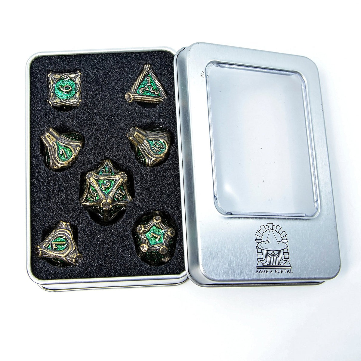 Tree Branch Metal DND Dice Set | Sage’s Petrified Groves Verdantwood | Antique Bronze & Green Themed Druid Dice - Sage's PortalMetal Dice Set