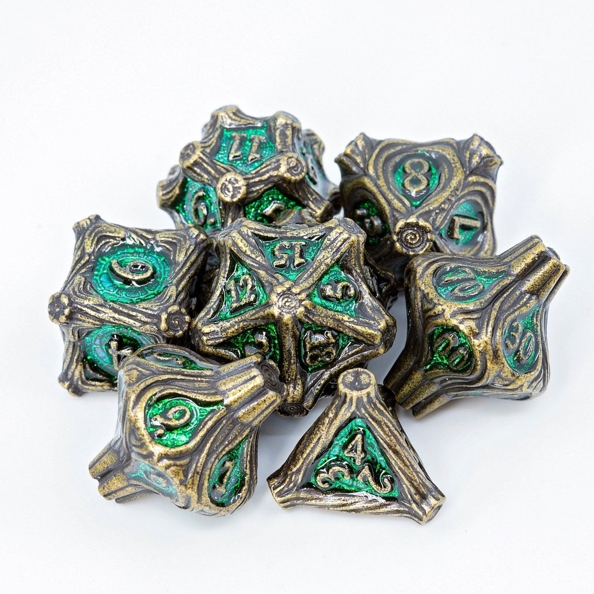 Tree Branch Metal DND Dice Set | Sage’s Petrified Groves Verdantwood | Antique Bronze & Green Themed Druid Dice - Sage's PortalMetal Dice Set