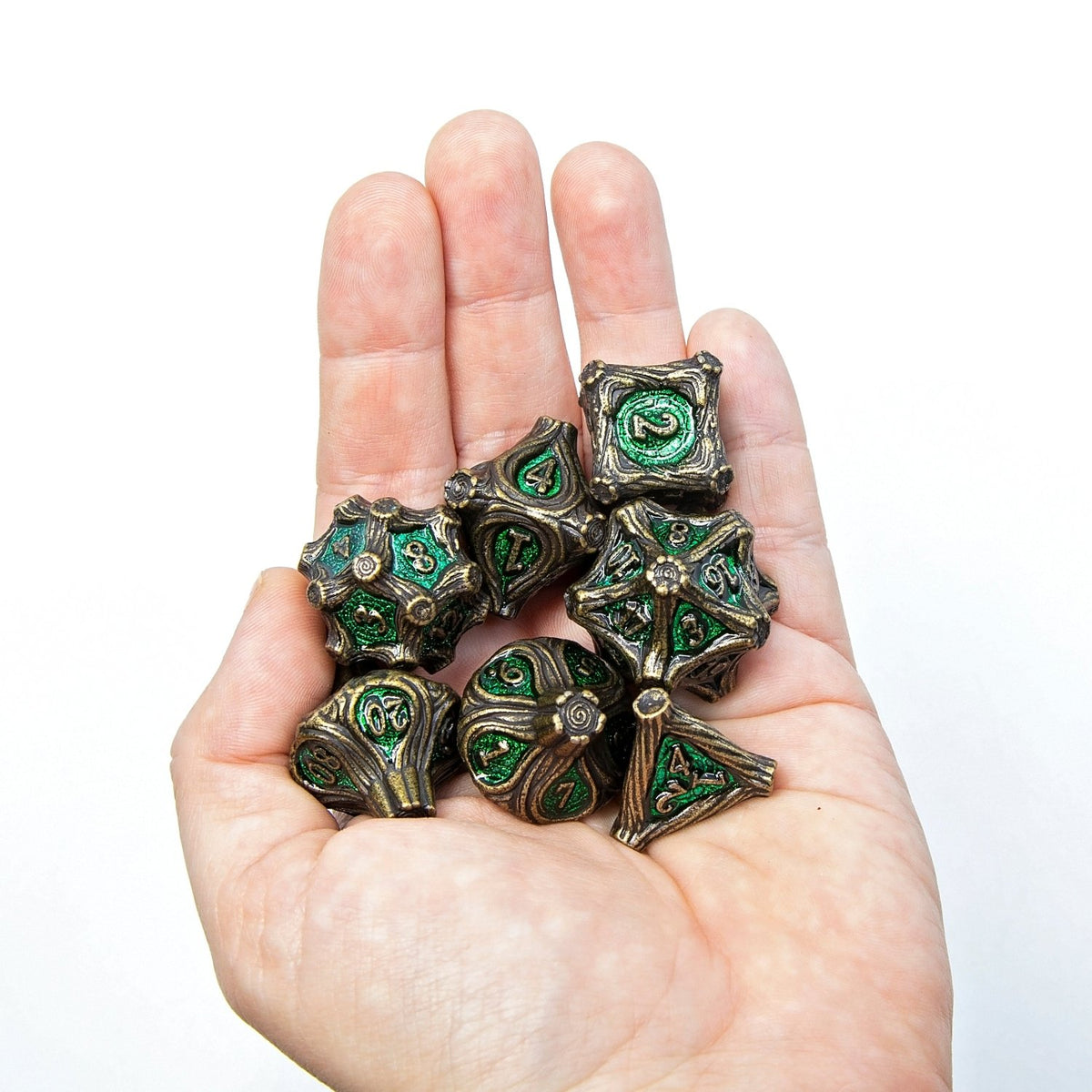 Tree Branch Metal DND Dice Set | Sage’s Petrified Groves Verdantwood | Antique Bronze & Green Themed Druid Dice - Sage's PortalMetal Dice Set