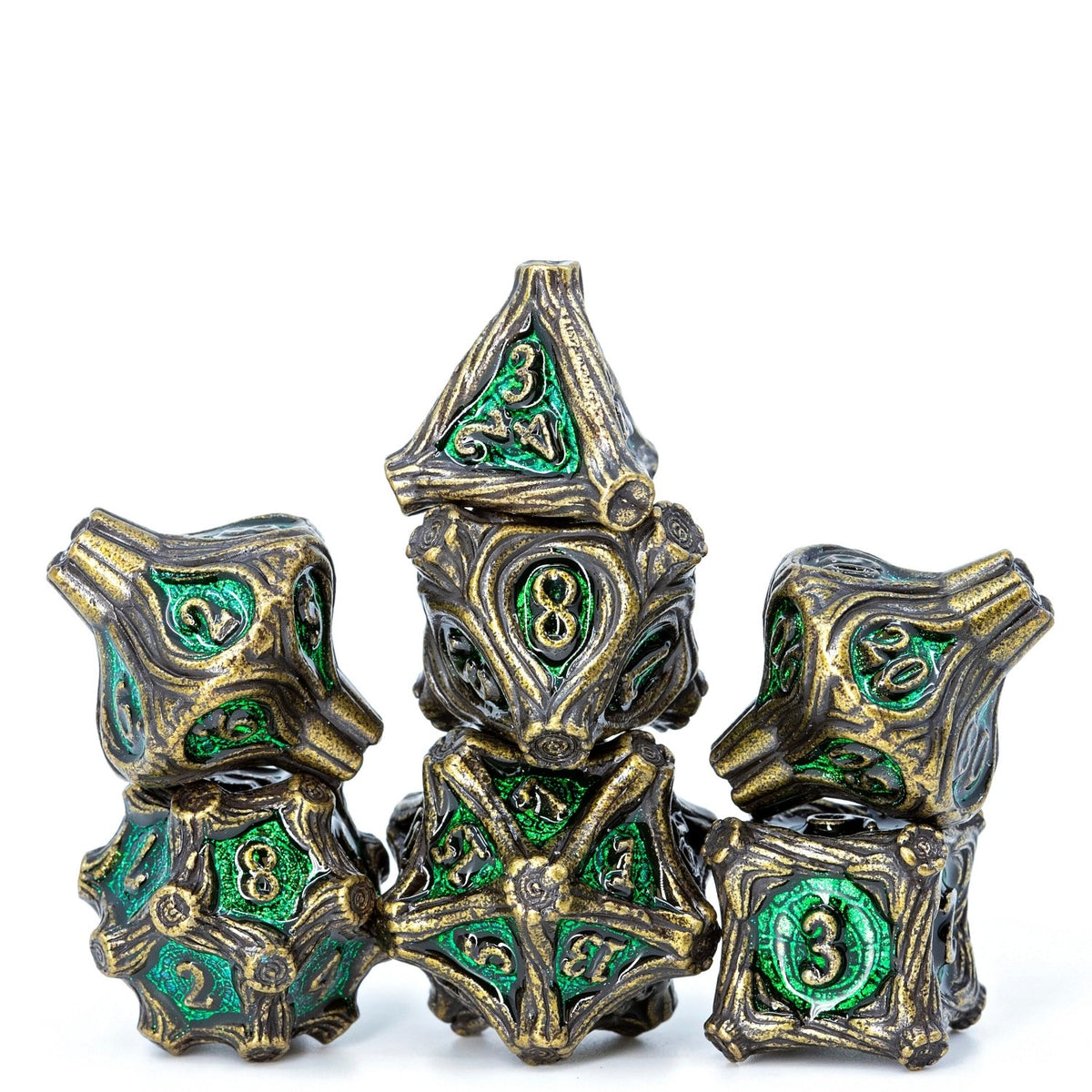 Tree Branch Metal DND Dice Set | Sage’s Petrified Groves Verdantwood | Antique Bronze & Green Themed Druid Dice - Sage's PortalMetal Dice Set